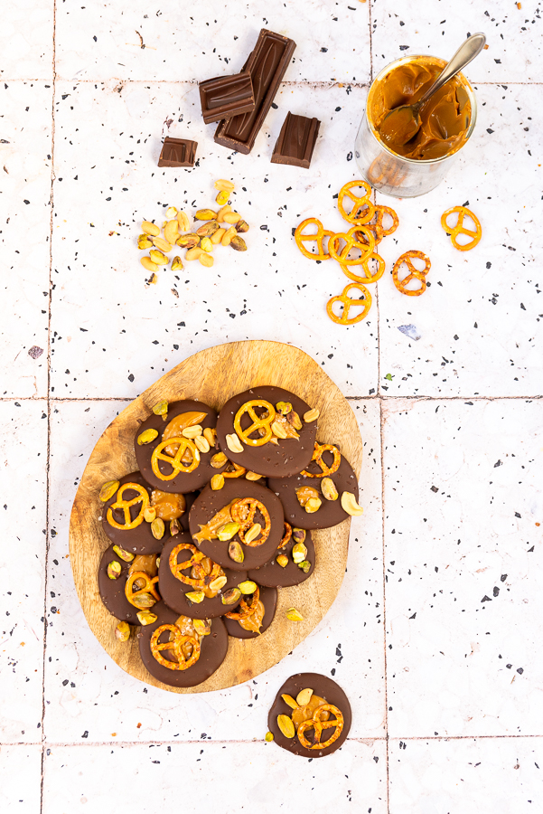 Chocolade flikken met pretzels en karamel