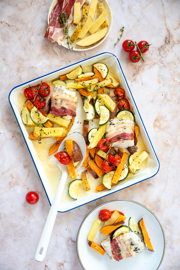 Fish and chips traybake met kabeljauw en spek