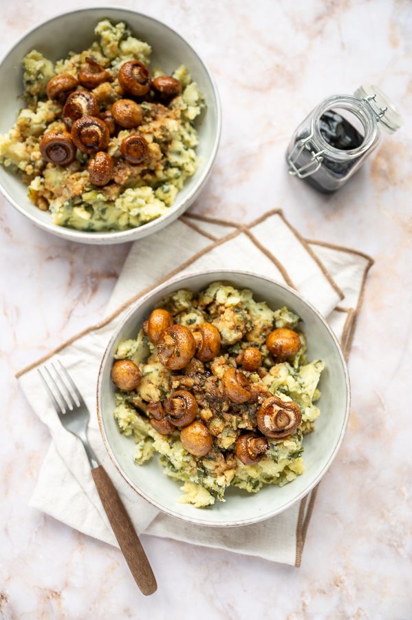 stamppot recepten - Boerenkoolstamppot met geroosterde champignons en balsamico