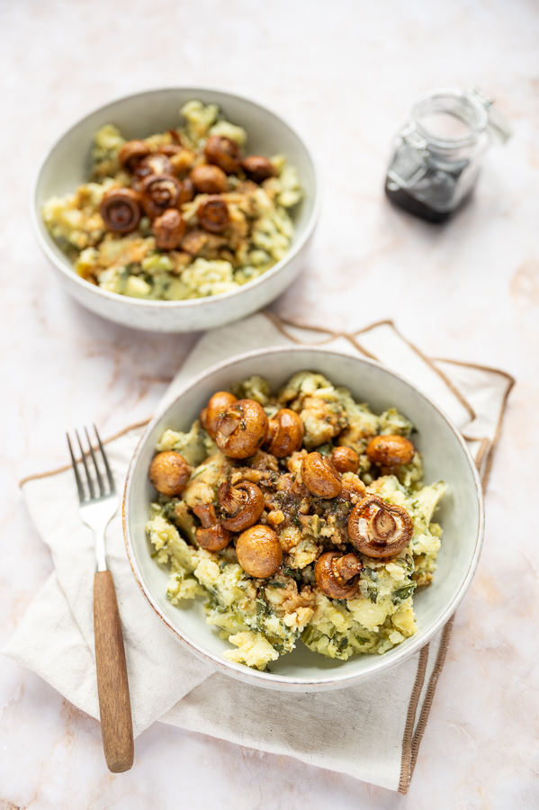 Boerenkoolstamppot met geroosterde champignons en balsamico