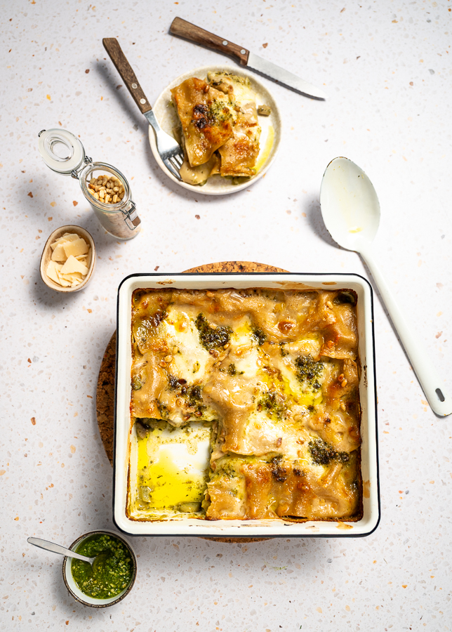 Pesto lasagne met champignons