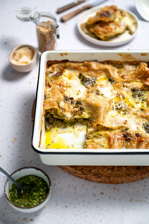 Pesto lasagne met champignons