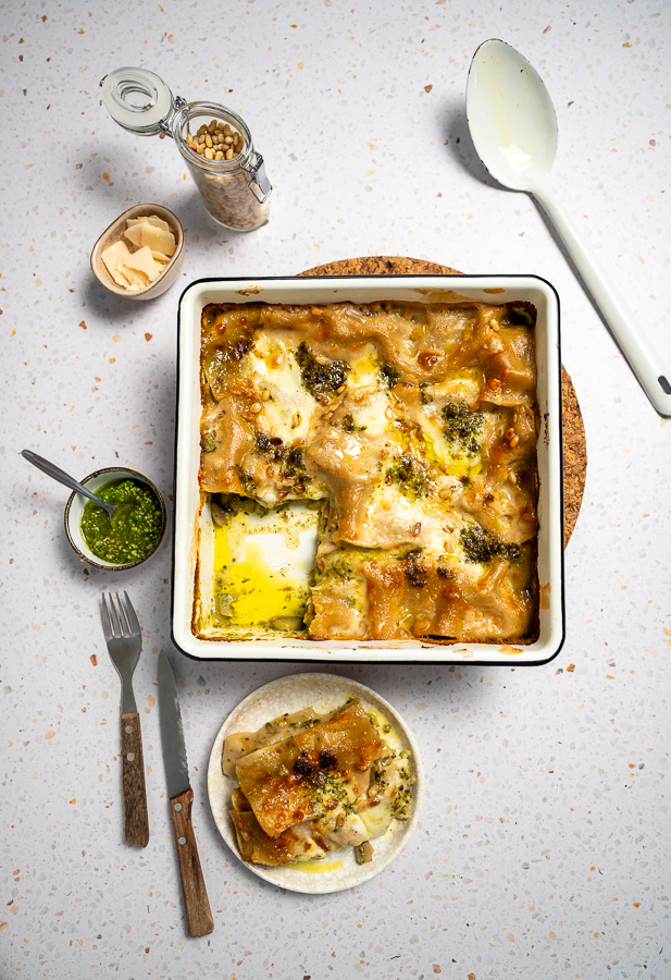 Pesto lasagne met champignons