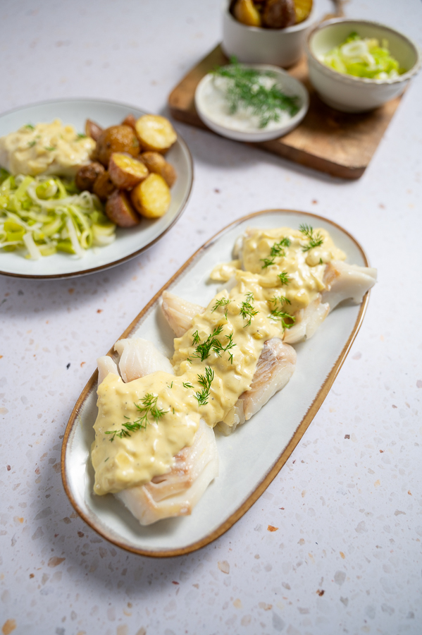 Kabeljauw met mosterdsaus en prei