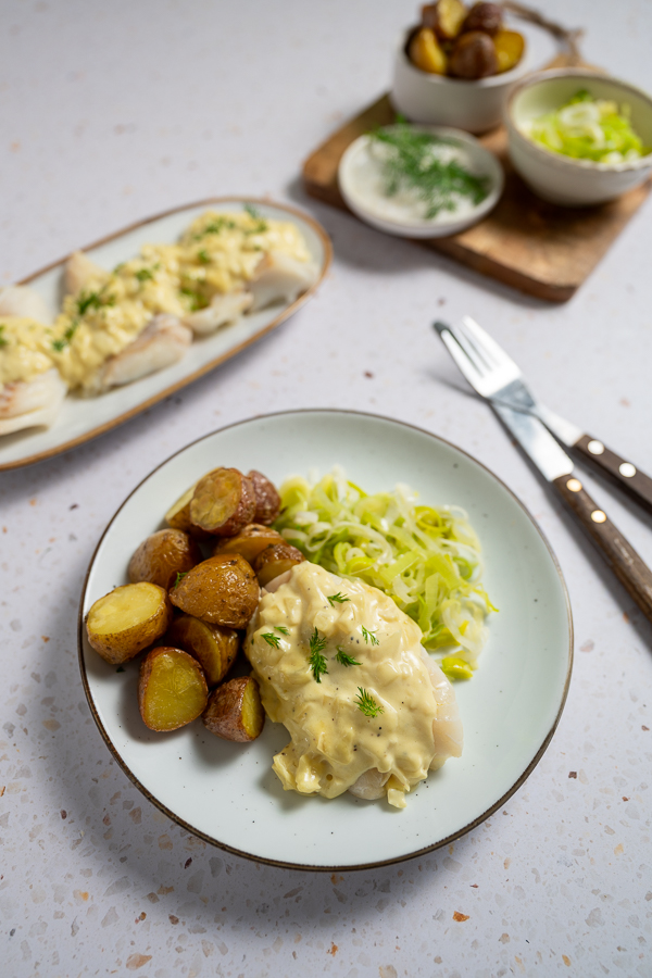 Kabeljauw met mosterdsaus en prei