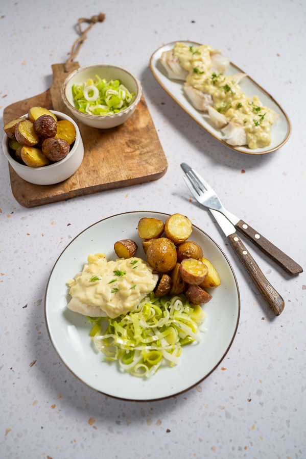 Kabeljauw met mosterdsaus en prei
