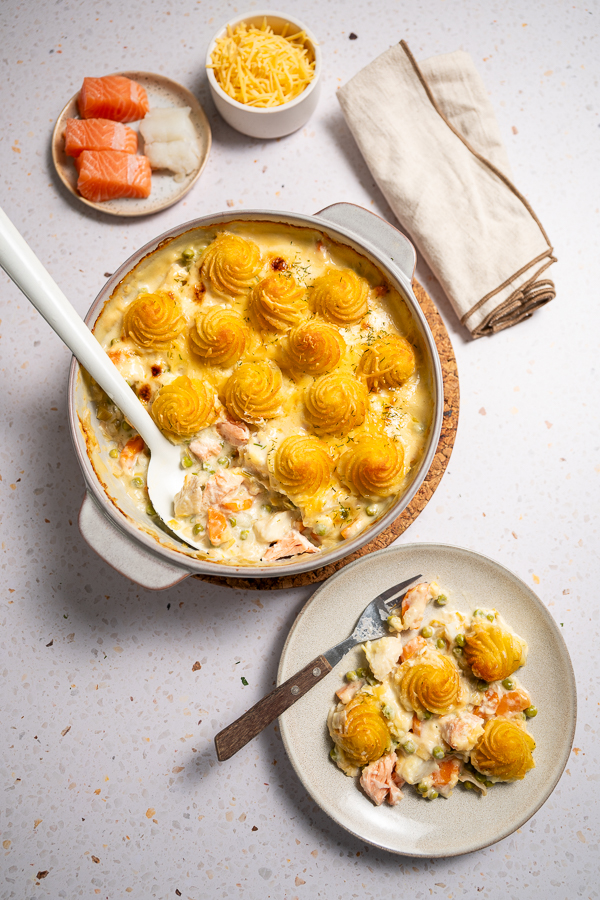 Gegratineerd vispannetje met aardappelroosjes