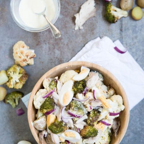 Aardappelsalade met makreel, bloemkool en broccoli
