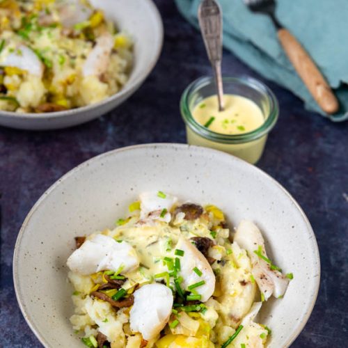 Preistamppotje met kabeljauw en mosterdsaus
